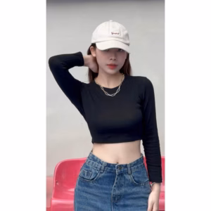 Áo Thun Dài Tay Cổ Tròn Trơn Dáng Croptop Chất Liệu Co Giãn, Tôn Dáng - Chipxinhxk
