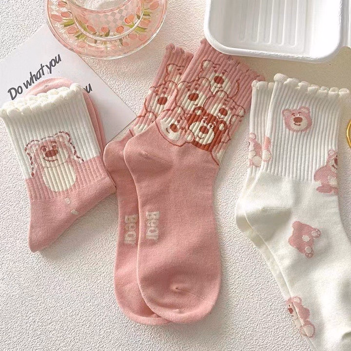 Combo 5, 10 Đôi Tất Vớ Nữ Cổ Cao Họa Tiết Gấu Hồng Dễ Thương Ctb499 - Bechip - Ảnh 5