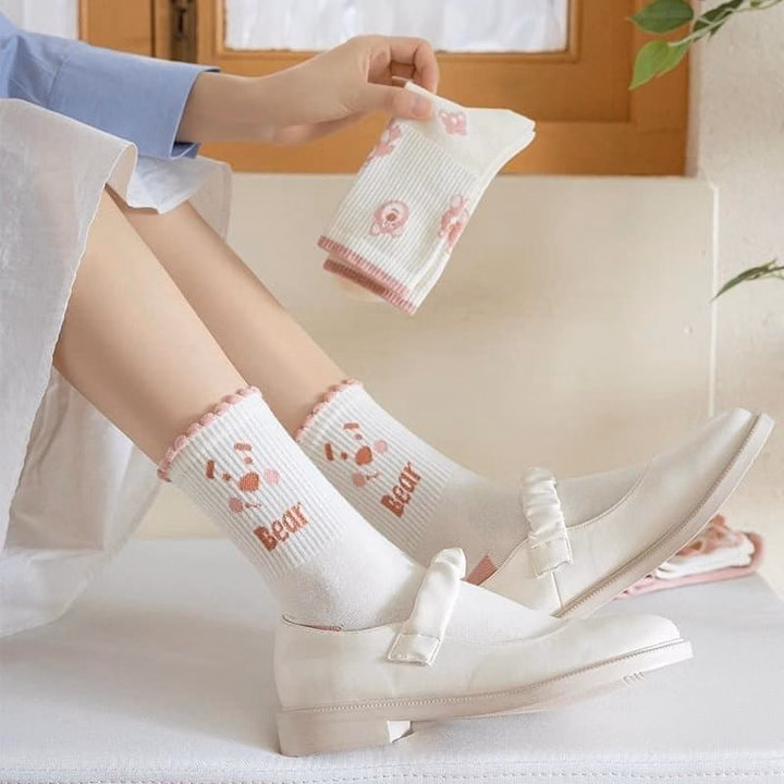 Combo 5, 10 Đôi Tất Vớ Nữ Cổ Cao Họa Tiết Gấu Hồng Dễ Thương Ctb499 - Bechip - Ảnh 2