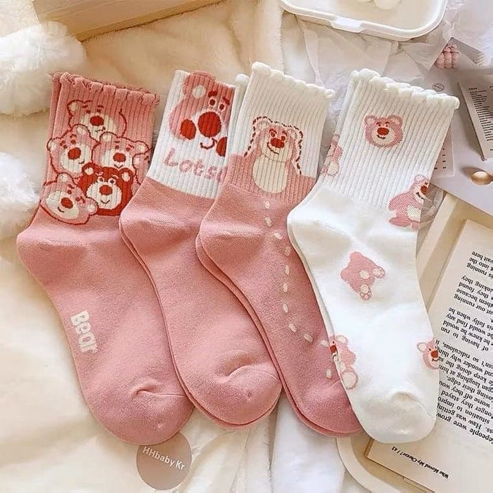 Combo 5, 10 Đôi Tất Vớ Nữ Cổ Cao Họa Tiết Gấu Hồng Dễ Thương Ctb499 - Bechip - Ảnh 3