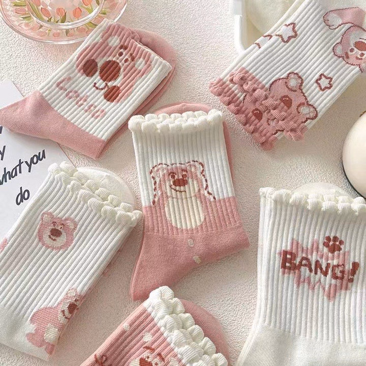 Combo 5, 10 Đôi Tất Vớ Nữ Cổ Cao Họa Tiết Gấu Hồng Dễ Thương Ctb499 - Bechip - Ảnh 7