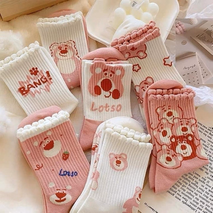 Combo 5, 10 Đôi Tất Vớ Nữ Cổ Cao Họa Tiết Gấu Hồng Dễ Thương Ctb499 - Bechip - Ảnh 6