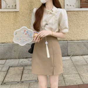 Set Áo Cổ Tàu Gấm Khắc Hoa Nổi Mix Chân Váy Cotton Lạnh(Có Lót) Sh908 - Sam Store