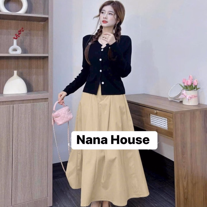 Set Áo Gân Lạnh Cài Nút Tay Dài Mix Chân Váy Xòe Rộng Bh906- Nana House