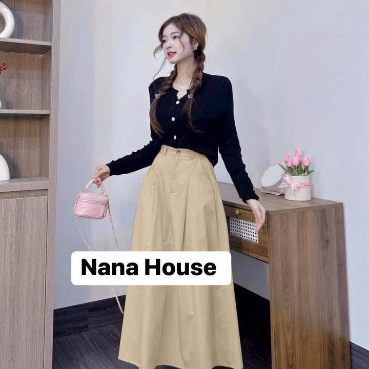 Set Áo Gân Lạnh Cài Nút Tay Dài Mix Chân Váy Xòe Rộng Bh906- Nana House - Ảnh 2