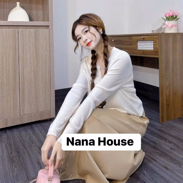 Set Áo Gân Lạnh Cài Nút Tay Dài Mix Chân Váy Xòe Rộng Bh906- Nana House - Ảnh 3