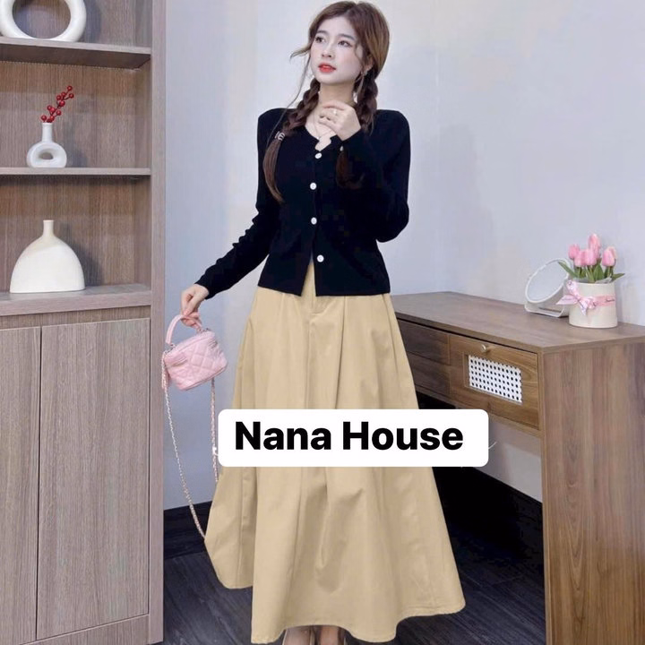 Set Áo Gân Lạnh Cài Nút Tay Dài Mix Chân Váy Xòe Rộng Bh906- Nana House - Ảnh 4