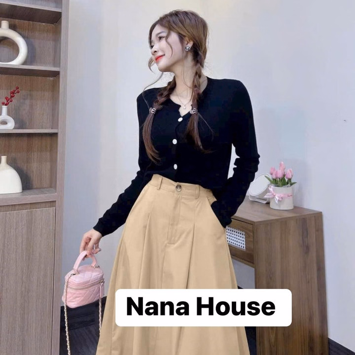 Set Áo Gân Lạnh Cài Nút Tay Dài Mix Chân Váy Xòe Rộng Bh906- Nana House - Ảnh 5