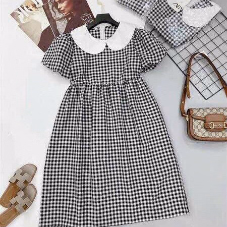 Đầm Váy Nữ Caro Tay Phồng Cổ Sen Phối Trắng Bt580 - Nana House - Ảnh 3