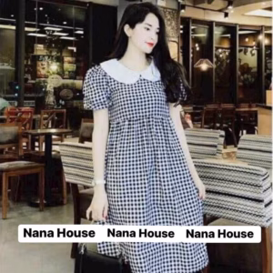 Đầm Váy Nữ Caro Tay Phồng Cổ Sen Phối Trắng Bt580 - Nana House
