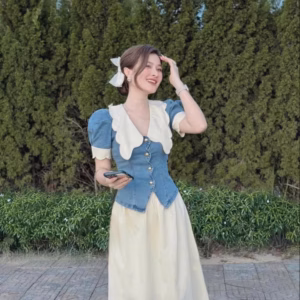 Set Áo Denim Cổ Lazer Mix Chân Váy Cotton Lạnh Sh1007 - Sam Store