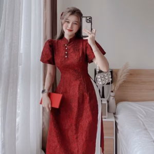 Set Áo Dài Gấm Quần Lụa Tay Phồng Đính Nút Sh1200 - Sam Store