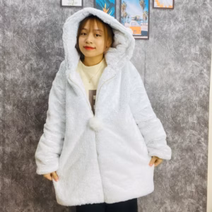 Áo Khoác Lông Gấu Dáng Dài Màu Xám Nhạt