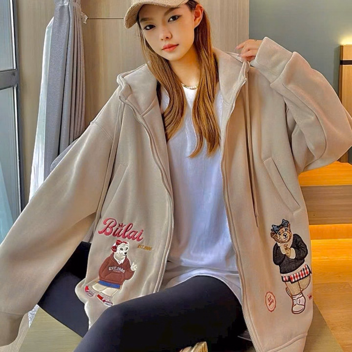 Áo Khoác Nỉ Dây Kéo Thêu Hình Chú Cún Unisex Nam Nữ Form Rộng Ut66 - Golden Dream - Ảnh 4