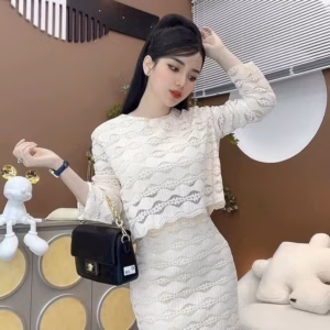 Set Áo Dài Tay Cắt Laser Kèm Chân Váy Dài Sh1050 - Sam Store