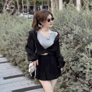 Set Áo Khoác Tơ Nhũ Kèm Áo Thun Gân Lạnh Mix Chân Váy Cotton Lạnh Bht1008 -Nana House