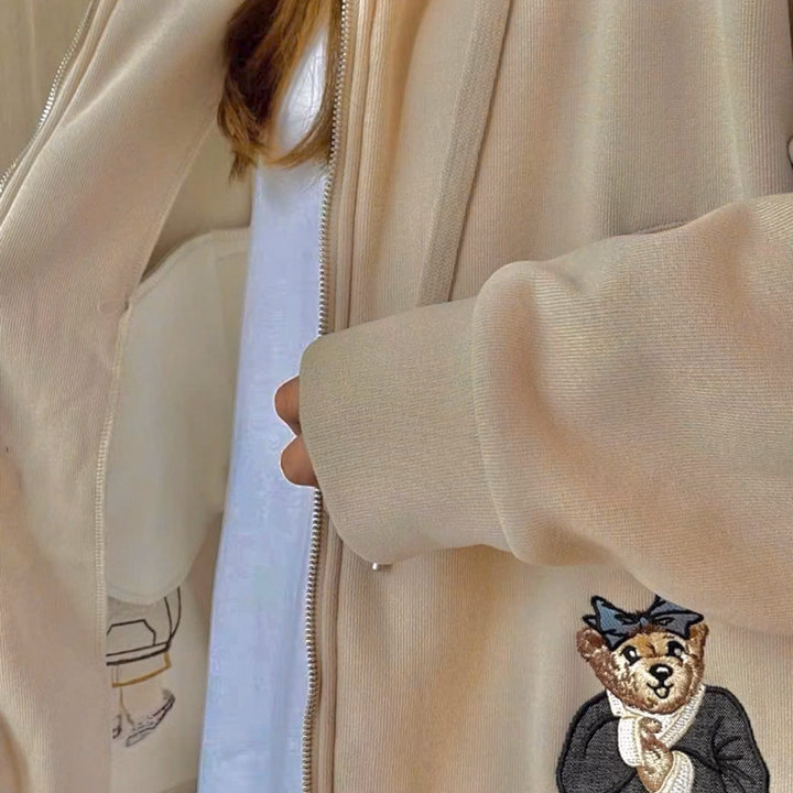Áo Khoác Nỉ Nữ Thêu Hình Chú Gấu 2 Túi Đón Noel Có Khóa Kéo - Htm Fashion - Ảnh 2
