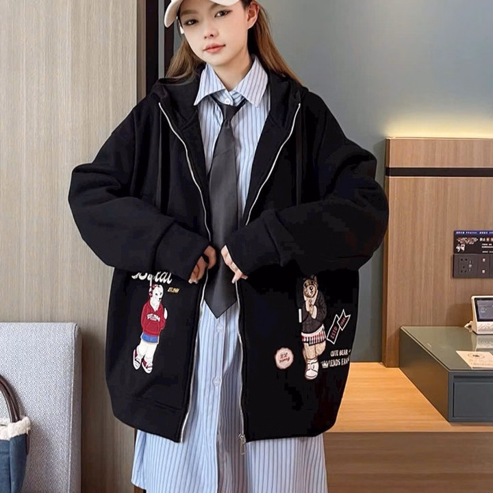 Áo Khoác Nỉ Nữ Thêu Hình Chú Gấu 2 Túi Đón Noel Có Khóa Kéo - Htm Fashion - Ảnh 8