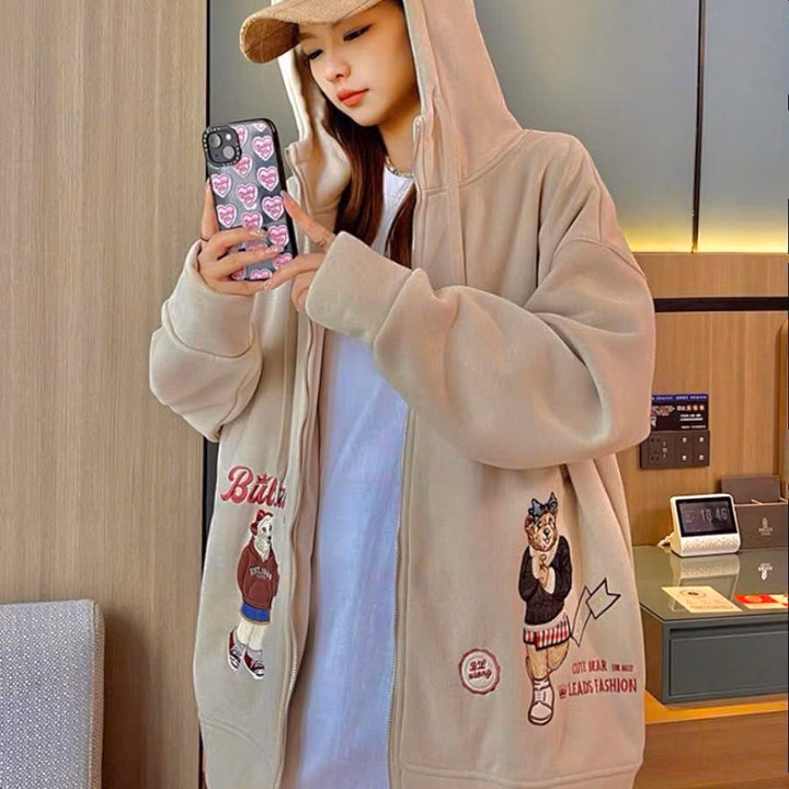 Áo Khoác Nỉ Nữ Thêu Hình Chú Gấu 2 Túi Đón Noel Có Khóa Kéo - Htm Fashion - Ảnh 12