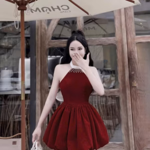 Đầm Váy Nữ Nhung Bí Nơ Sau Cổ Đính Cườm(Có Mút Ngực)Sh956- Sam Store