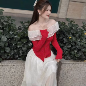 Set Áo Thun Tăm Phối Bèo Cài Nút Mix Chân Váy Vải Xốp Tơ(Có Lót) Bht103 - Nana House