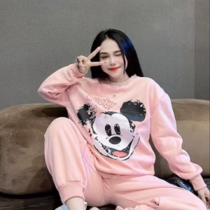 Sét Bộ Đồ Nỉ Nữ Cổ Tròn Bo Chun In Chuột Lucky Mouse - Htm Fashion