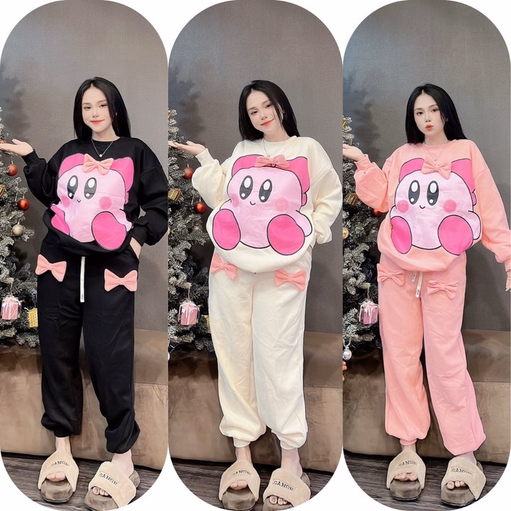 Sét Bộ Đồ Nỉ Nữ Cổ Tròn Bo Chun In Họa Tiết Bé Gấu Có Nơ Đáng Yêu - Htm Fashion - Ảnh 5