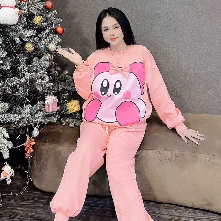 Sét Bộ Đồ Nỉ Nữ Cổ Tròn Bo Chun In Họa Tiết Bé Gấu Có Nơ Đáng Yêu - Htm Fashion - Ảnh 4