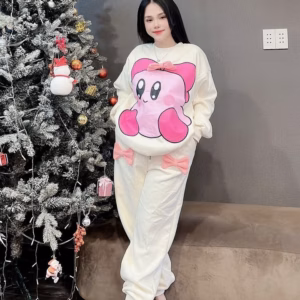 Sét Bộ Đồ Nỉ Nữ Cổ Tròn Bo Chun In Họa Tiết Bé Gấu Có Nơ Đáng Yêu - Htm Fashion