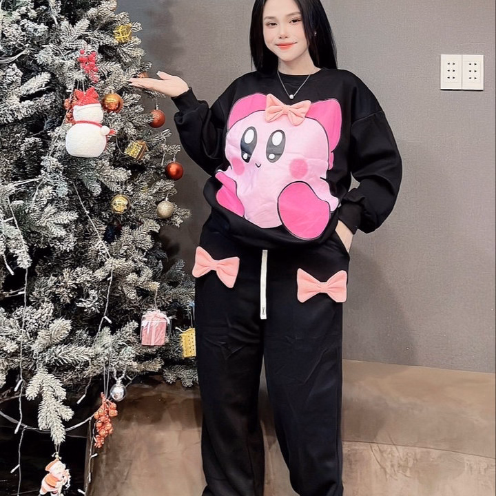 Sét Bộ Đồ Nỉ Nữ Cổ Tròn Bo Chun In Họa Tiết Bé Gấu Có Nơ Đáng Yêu - Htm Fashion - Ảnh 7