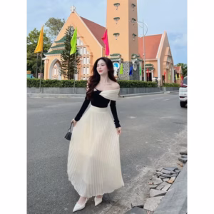 Set Áo Thun Gân Tăm Bẹt Vai Phối Voan Kèm Chân Váy Voan Dập Ly 2 Lớp Bh1100- Nana House