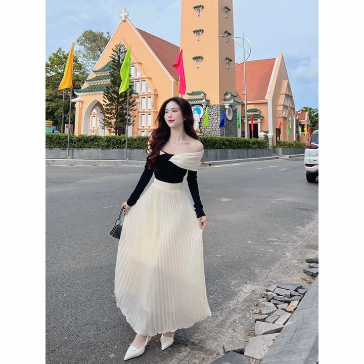 Set Áo Thun Gân Tăm Bẹt Vai Phối Voan Kèm Chân Váy Voan Dập Ly 2 Lớp Bh1100- Nana House