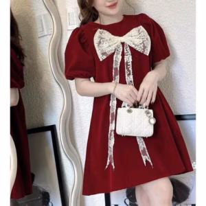 Đầm Nhung Babydoll Phối Nơ Ren Bh856 - Nana House