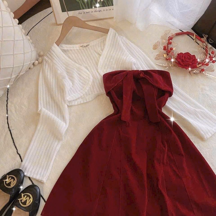 Set Đầm Nhung Cup Ngực Kèm Áo Khoác Ren St1030 - Sam Store - Ảnh 4