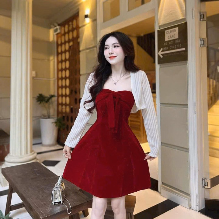Set Đầm Nhung Cup Ngực Kèm Áo Khoác Ren St1030 - Sam Store