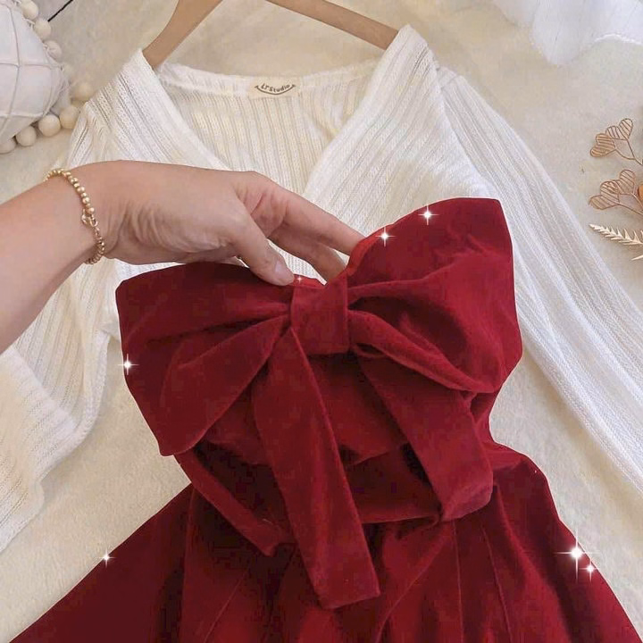 Set Đầm Nhung Cup Ngực Kèm Áo Khoác Ren St1030 - Sam Store - Ảnh 5