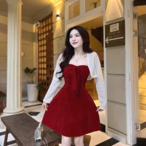 Set Đầm Nhung Cup Ngực Kèm Áo Khoác Ren Bht1036 - Nana House