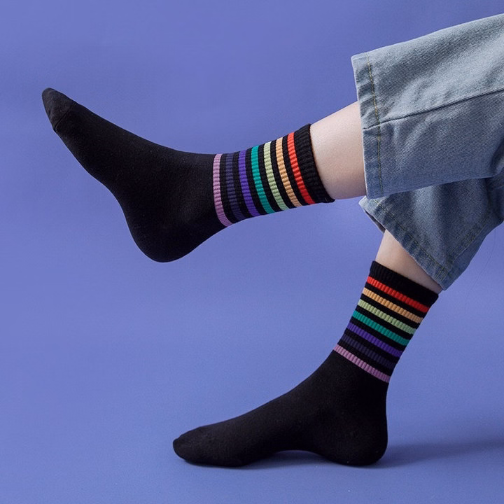 Combo 5 Đôi Tất Cao Cổ Sọc Kẻ Cầu Vồng Kiểu Dáng Unisex - Chipxinhxk - Ảnh 3