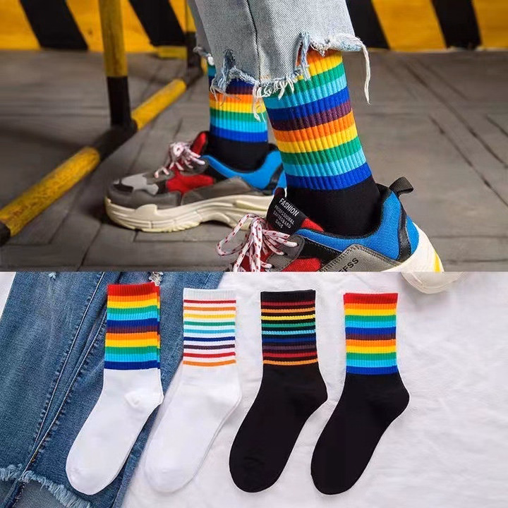 Combo 5 Đôi Tất Cao Cổ Sọc Kẻ Cầu Vồng Kiểu Dáng Unisex - Chipxinhxk