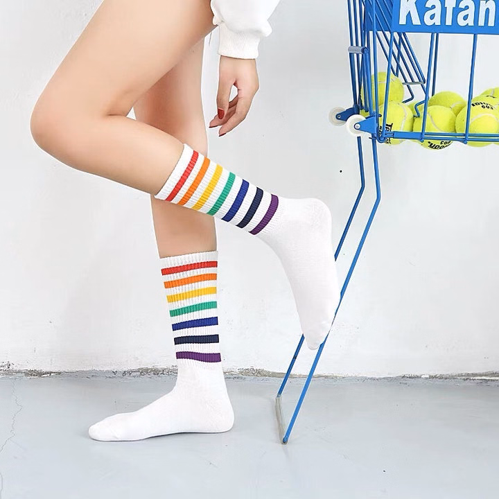 Combo 5 Đôi Tất Cao Cổ Sọc Kẻ Cầu Vồng Kiểu Dáng Unisex - Chipxinhxk - Ảnh 2