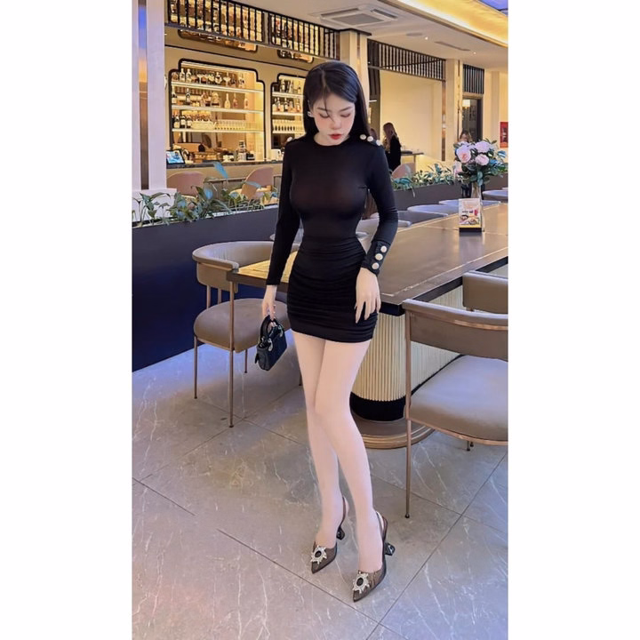 Váy Body Phối Khuy Ngọc , Form Dáng Ôm Eo Co Dãn - Ảnh 2