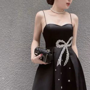 Đầm Váy Nữ 2 Dây Tafta Đính Nơ Ngọc S28- Nana House