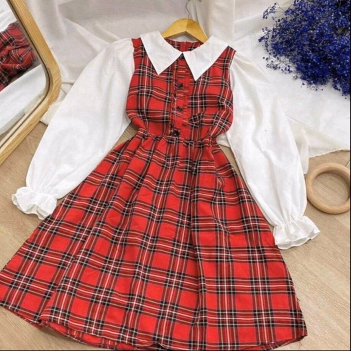 Đầm Váy Nữ Caro Phối Trắng Tay Dài Cổ Trụ St639 - Sam Store - Ảnh 5