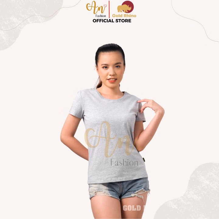 Áo Thun Nữ 100% Cotton Tự Nhiên Màu Xám Cổ Tròn Tay Ngắn - Gold Rhino - Ảnh 3