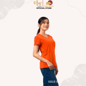 Áo Thun Nữ 100% Cotton Tự Nhiên Màu Cam Cổ Tròn Tay Ngắn - Gold Rhino