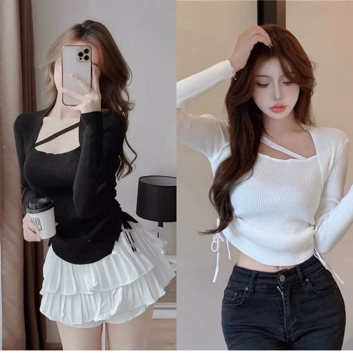 Áo Len Tăm Kiểu Dài Tay Rút Dây 2 Bên