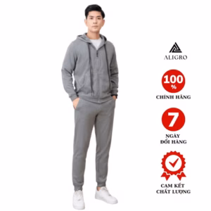 Bộ Nỉ Kéo Khóa Aligro Có Mũ Màu Ghi Nhạt Bn.18 - Aligro