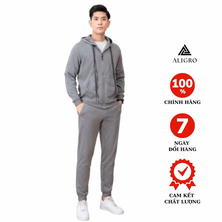 Bộ Nỉ Kéo Khóa Aligro Có Mũ Màu Ghi Nhạt Bn.18 - Aligro