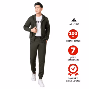 Bộ Nỉ Hoddie Aligro Kéo Khóa Có Mũ Màu Xanh Rêu Bn.16 - Aligro