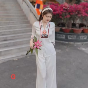 Set Bộ Lam Đi Chùa Trắng Phối Viền Hoa St1202- Sam Store